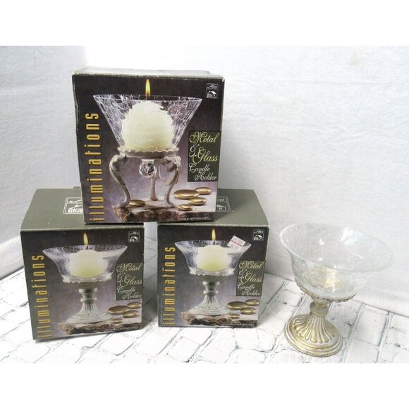Illuminations Antique White Metal & Glass Candle Holders Set of 3 NOS Alco - Picture 1 of 10